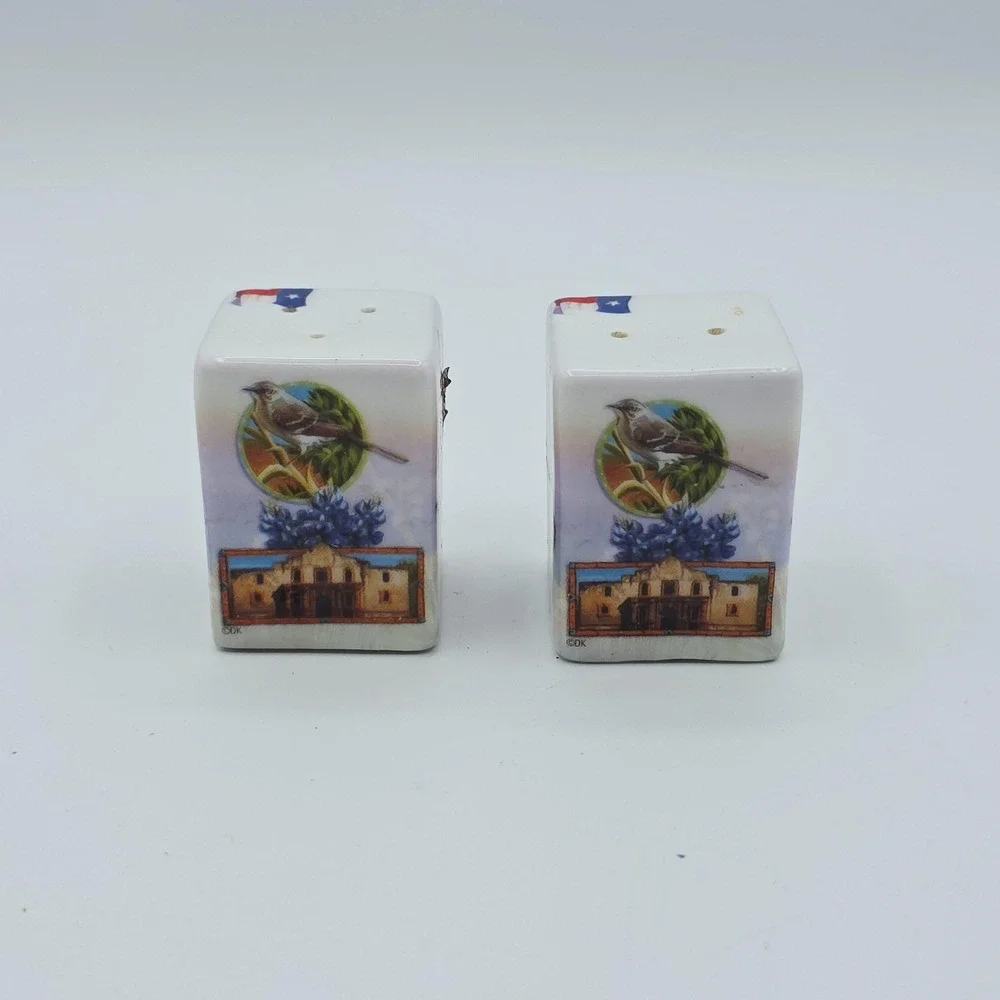 Vtg Texas Austin Souvenir Salt Pepper Shakers Ceramic Pair Bluebonnet Alamo Flag